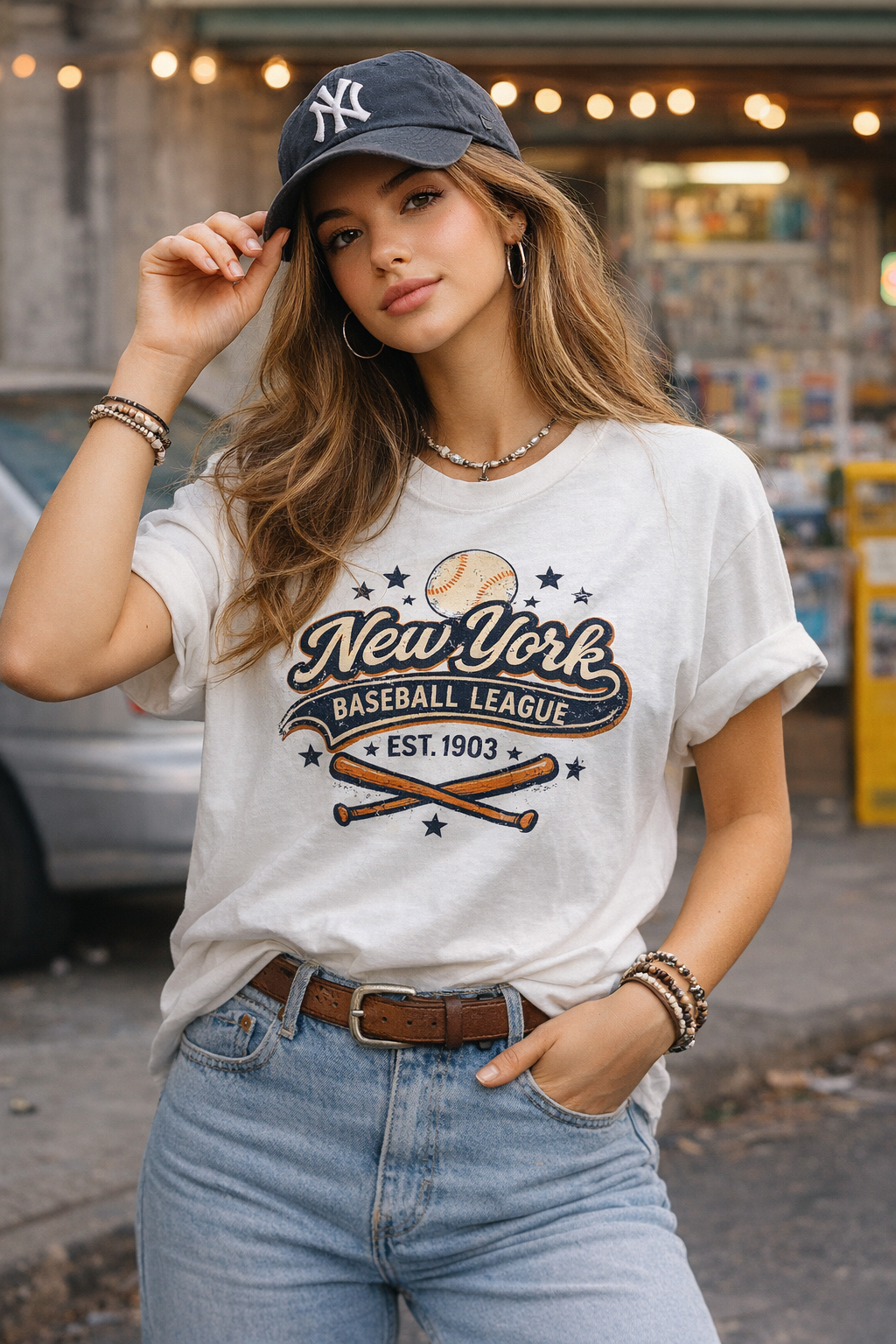 Woman wearing a 'New York Baseball League' t-shirt and cap, standing in an urban setting.