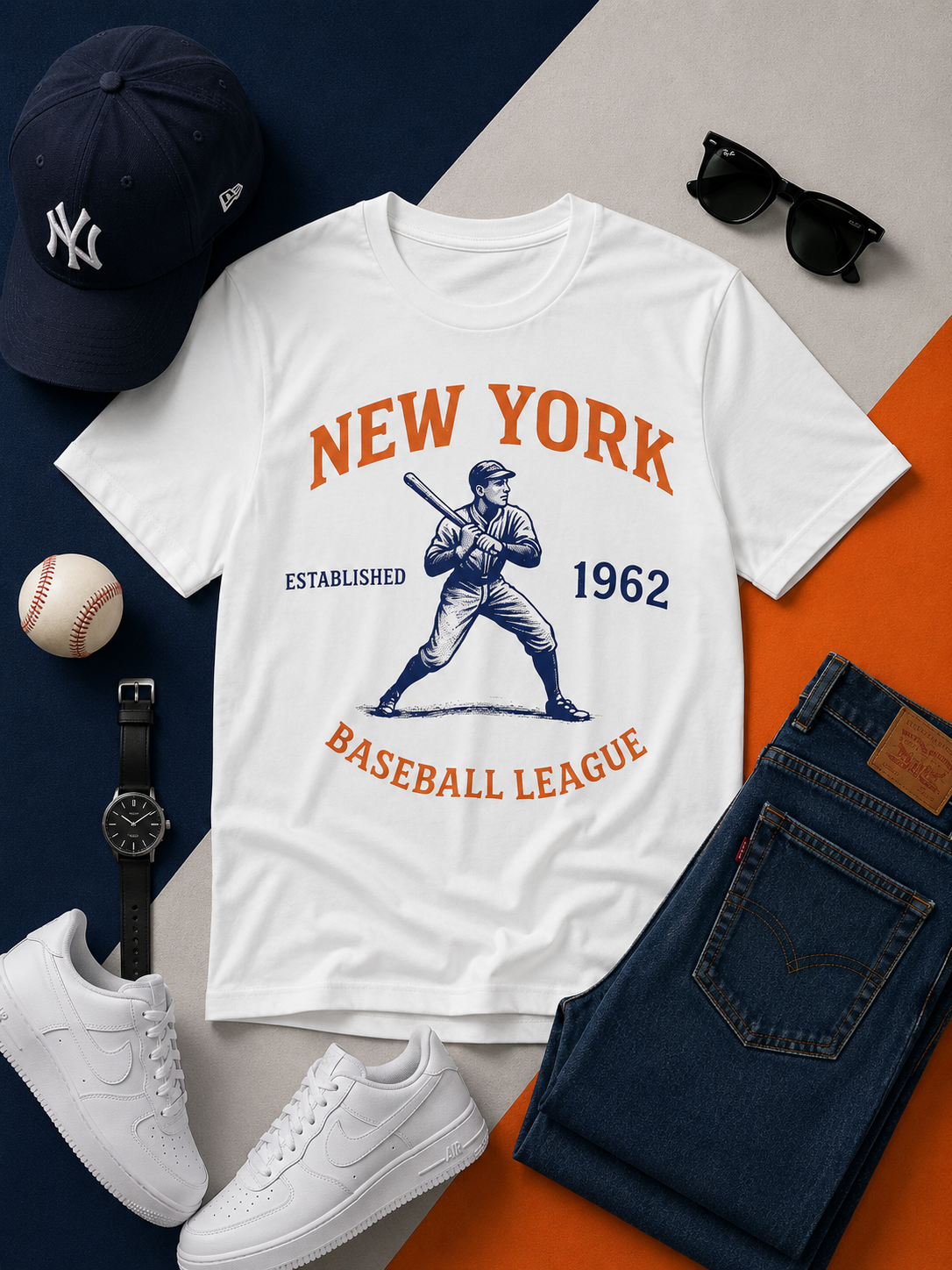 White t-shirt with New York baseball league design, surrounded by a cap, sunglasses, watch, baseball, and jeans on a colorful background.