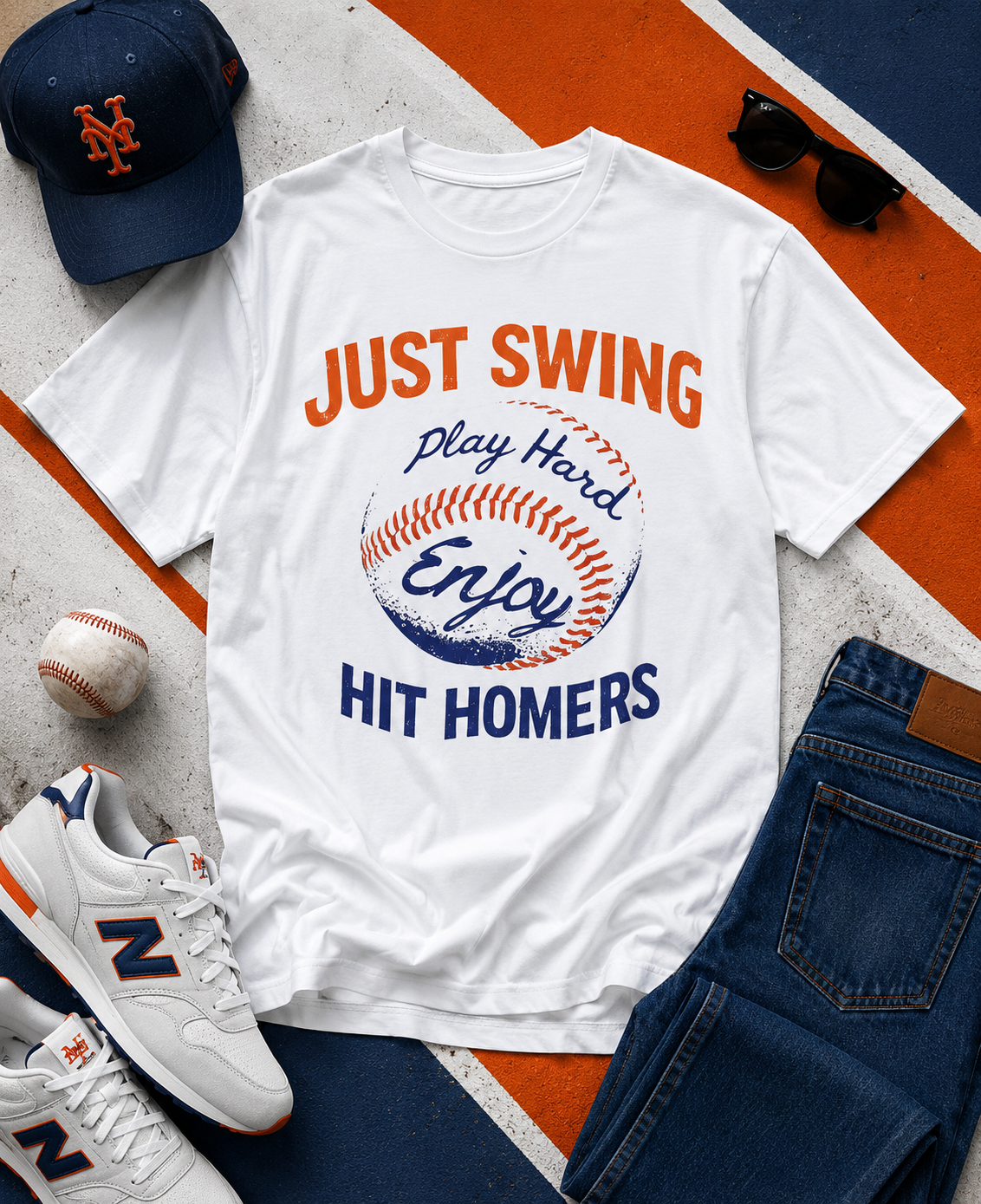 White t-shirt with sports-themed text and graphics, surrounded by baseball gear on a colorful background.