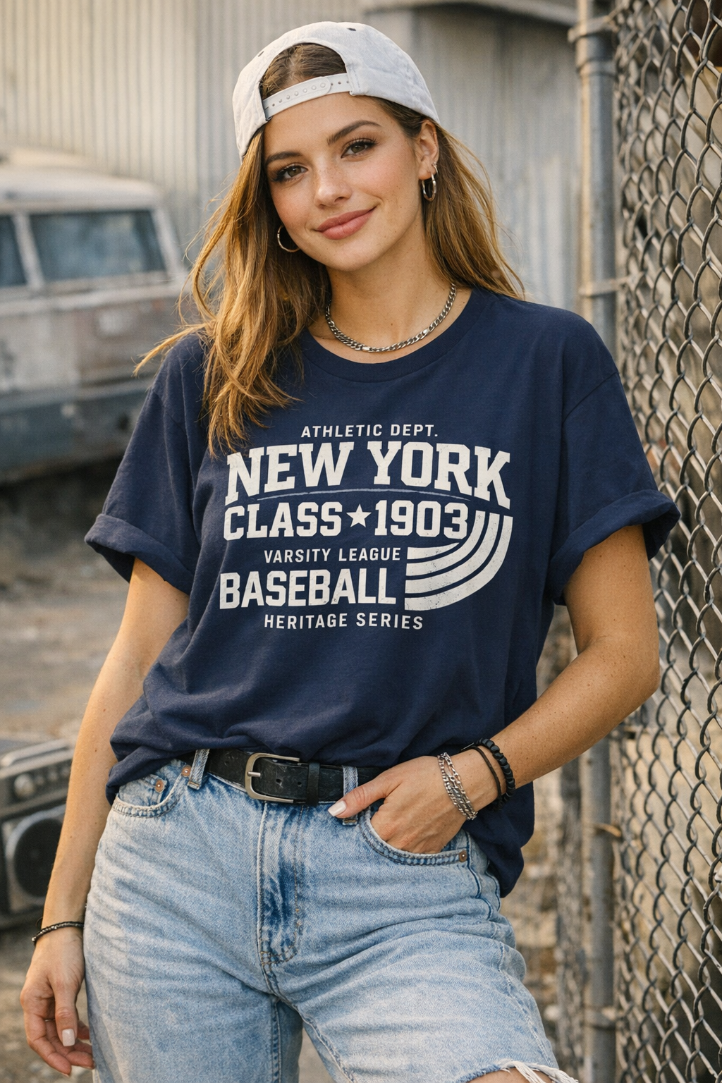 Woman wearing a navy blue t-shirt with 'New York Class 1903' text, standing outdoors.