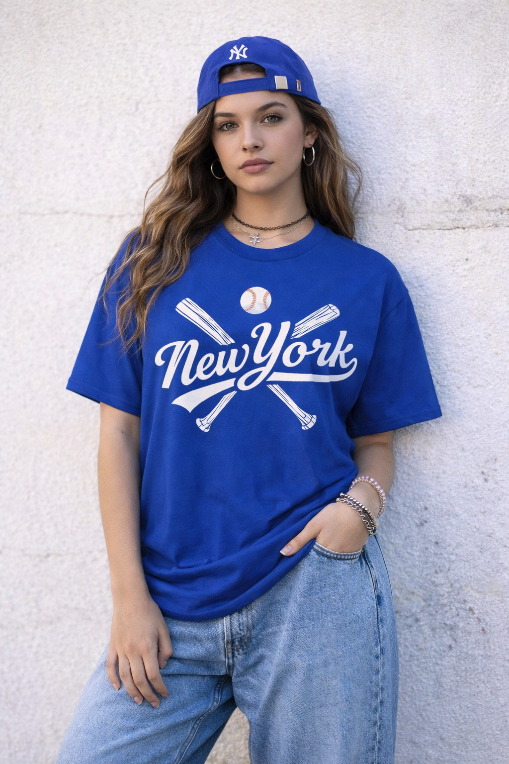 Person wearing a blue 'New York' t-shirt and cap against a light brick wall.