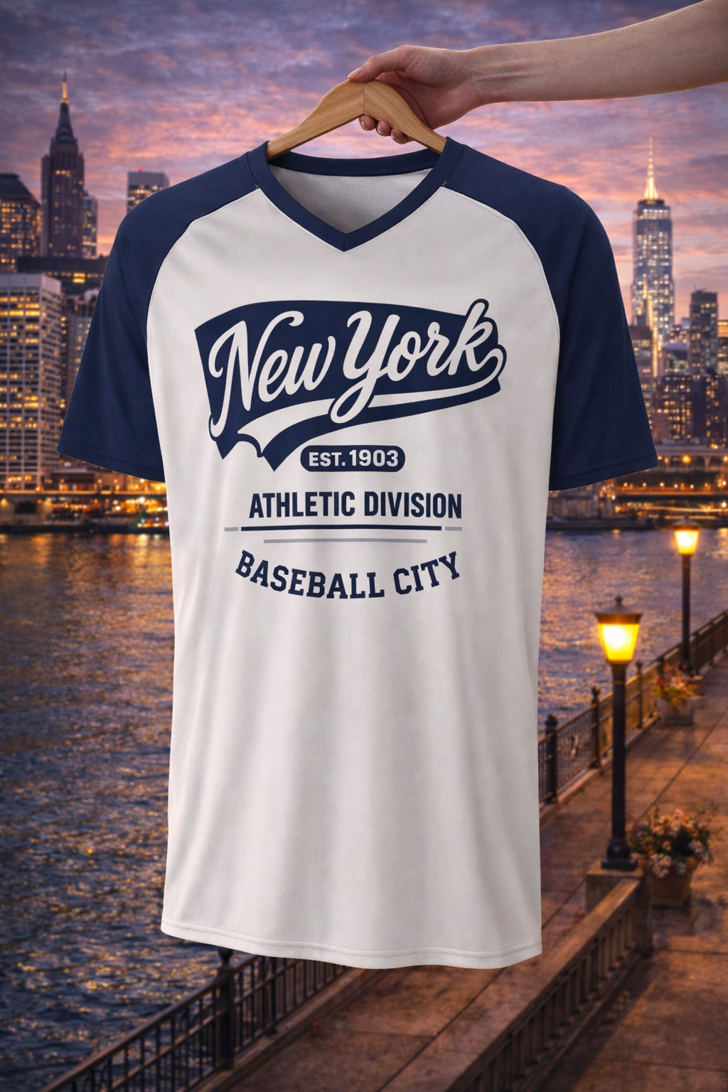 White and navy baseball shirt with 'New York' text on a hanger against a cityscape background