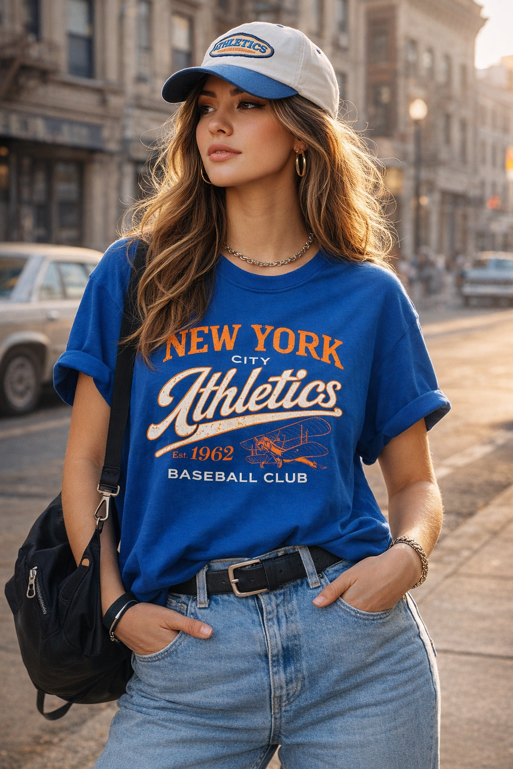 Woman wearing a blue 'New York City Athletics' t-shirt and cap on a city street.