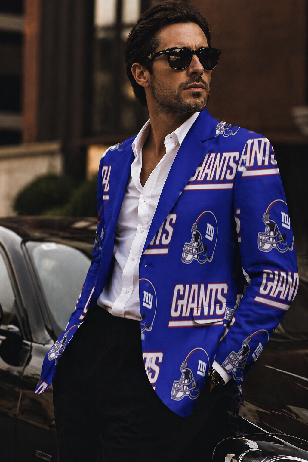 Man wearing a blue sports team blazer with logos in an urban setting