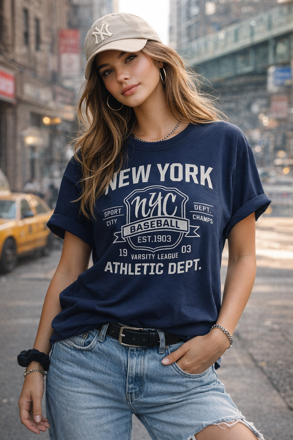 Woman wearing a navy blue 'New York' t-shirt on a city street.