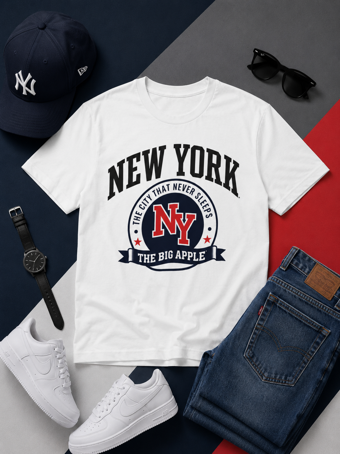 White t-shirt with 'New York' graphic, surrounded by a cap, sunglasses, watch, sneakers, and jeans on a multicolored background.