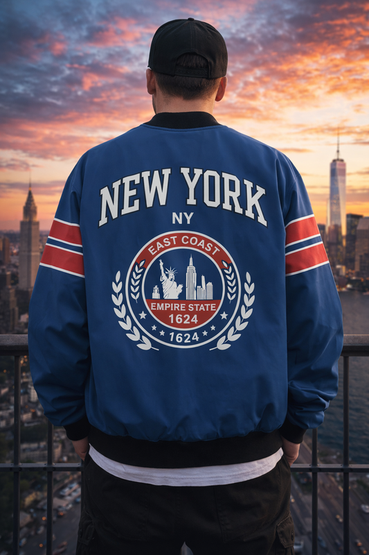 New York Varsity Blue Bomber Jacket – Classic Athletic Streetwear