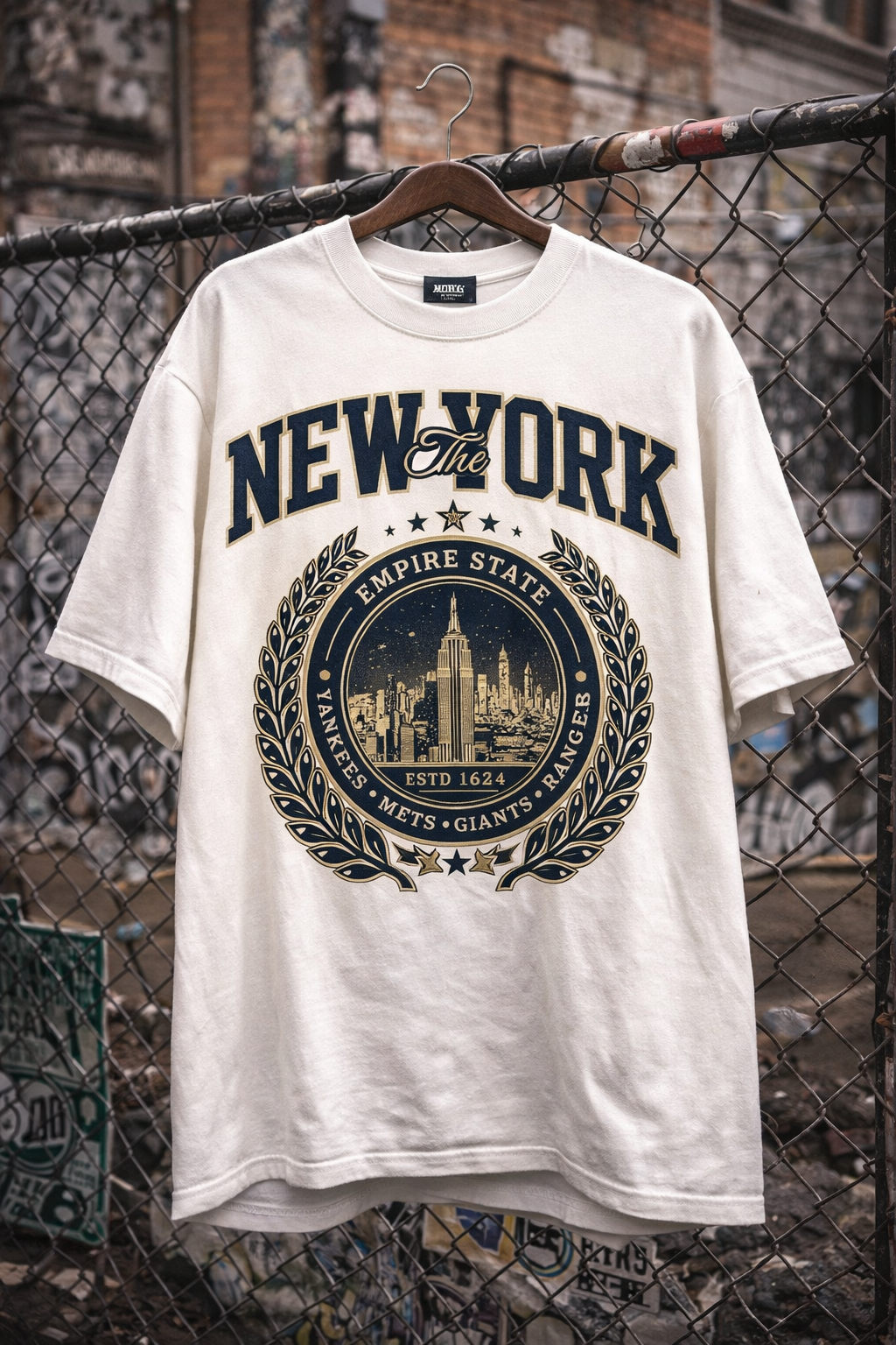 White t-shirt with 'New York' and sports team graphics on a hanger against a chain-link fence background.