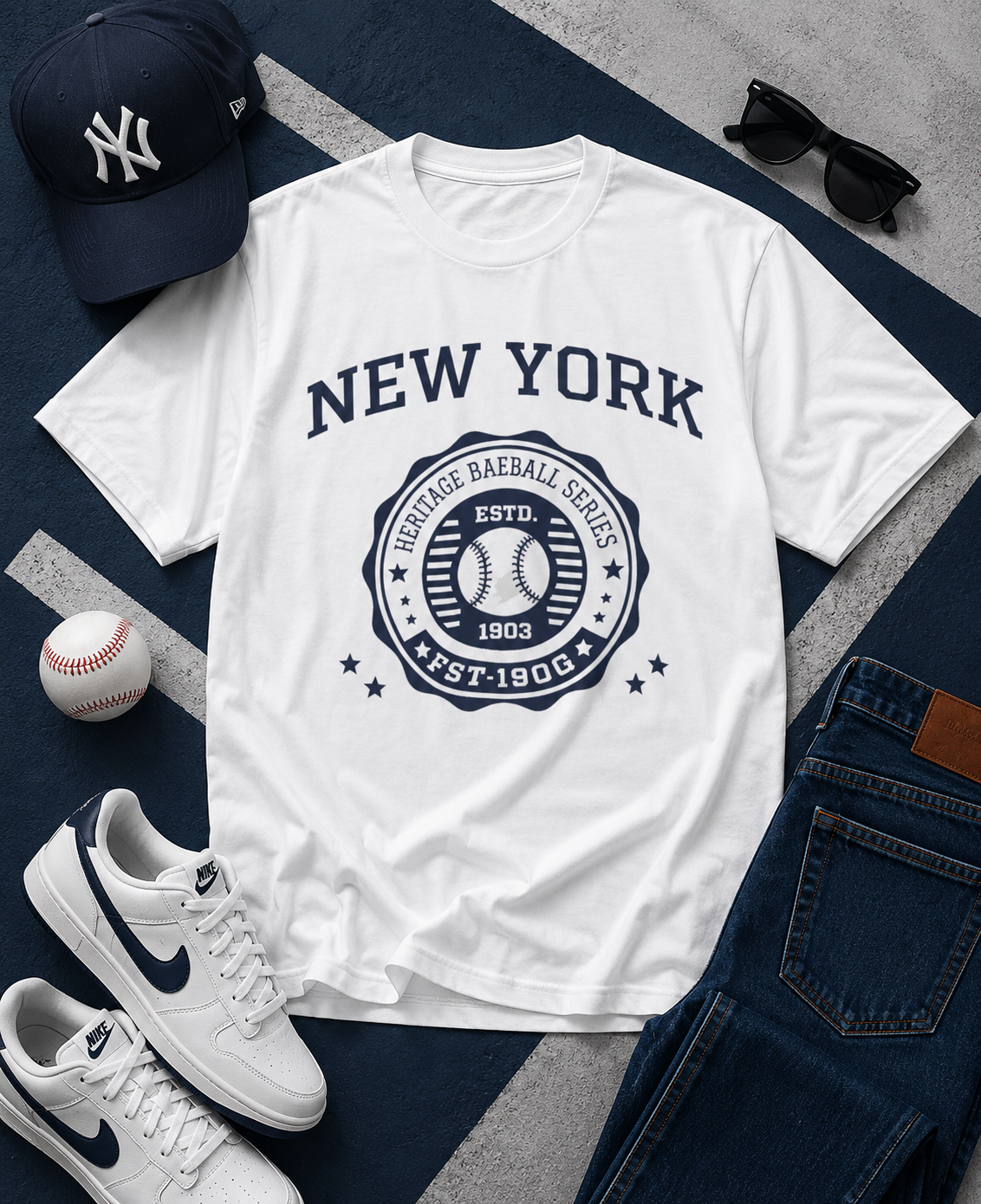 White t-shirt with 'New York' design, white sneakers, baseball, cap, and sunglasses on a checkered background
