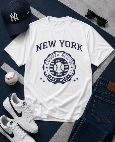 White t-shirt with 'New York' design, white sneakers, baseball, cap, and sunglasses on a checkered background