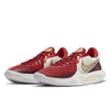 Red basketball shoes with white soles and gold accents on a white background