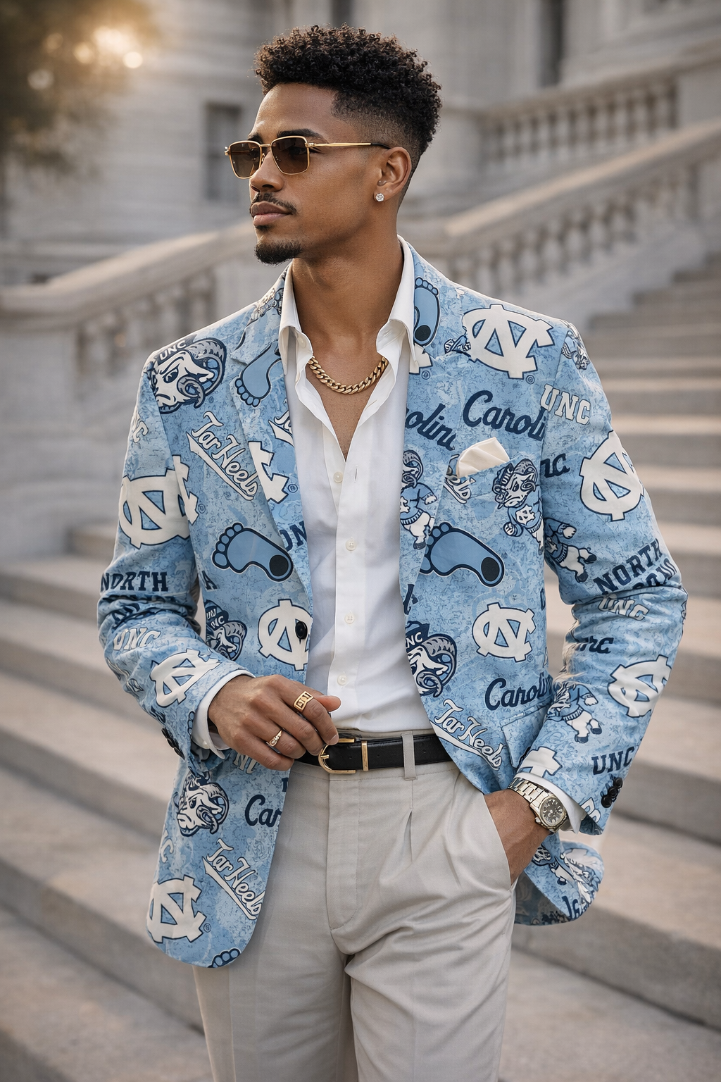 Man wearing a blue patterned blazer with 'UNC' on it, standing on steps.