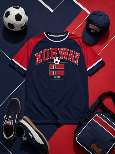 Norse-themed t-shirt with soccer ball, cap, shoes, and bag on a red and blue background