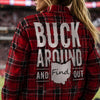 Person wearing a red plaid jacket with 'Buck Around and Find Out' text and Ohio map.