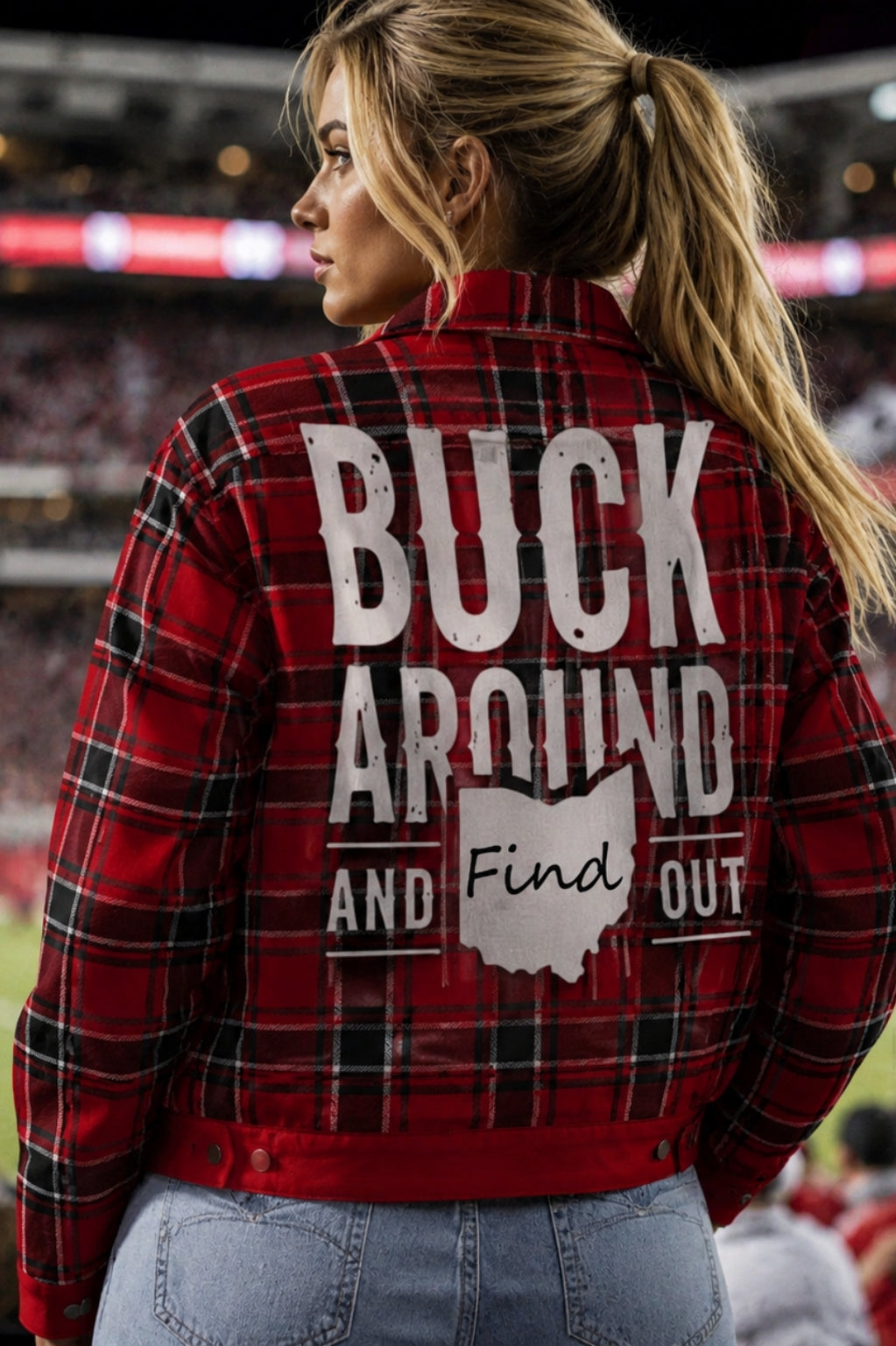 Person wearing a red plaid jacket with 'Buck Around and Find Out' text and Ohio map.