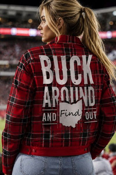 Person wearing a red plaid jacket with 'Buck Around and Find Out' text and Ohio map.