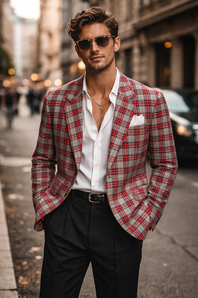 Ohio State - Buckeyes tartan plaid Men's Casual Flat Lapel Collar Blazer White game day varsity apparel