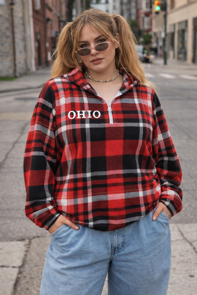 Ohio State Tartan Plaid Women's Borg Fleece Hoodie With Half Zip White game day varsity apparel