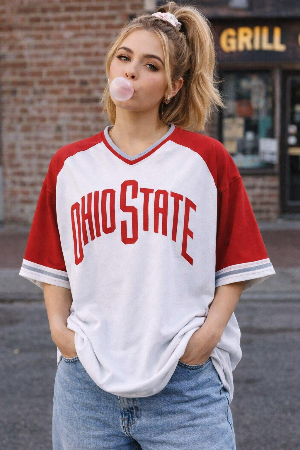 Woman wearing an Ohio State jersey blowing bubble gum in front of a brick building.