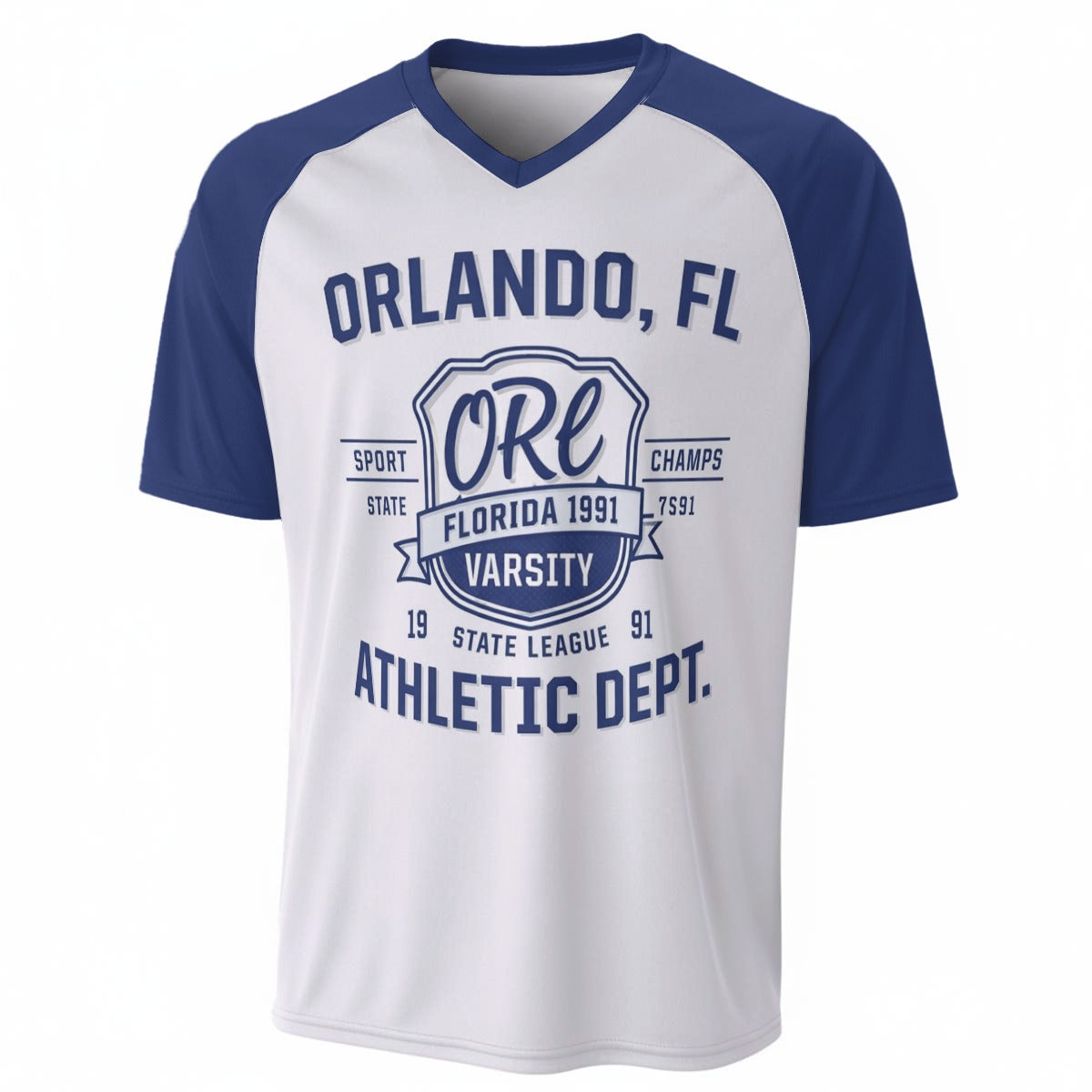 Orlando FL Shirt Men White and Blue Varsity Athletic V Neck T Shirt