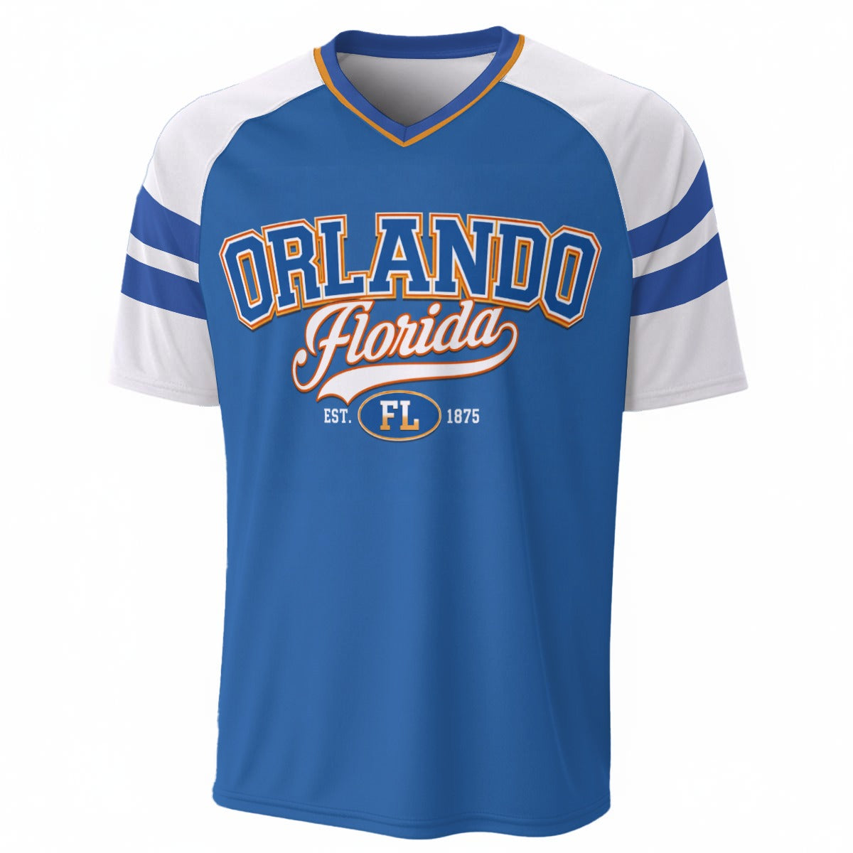 Orlando Florida Blue and White Varsity V Neck T Shirt Men Athletic Jersey Style