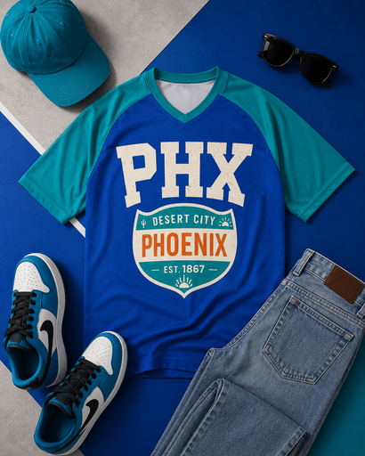 Blue t-shirt with 'PHX Phoenix' design, surrounded by a cap, sunglasses, jeans, and sneakers on a blue and gray background.