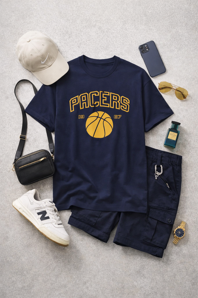 Navy 'Pacers' t-shirt with basketball graphic, white sneakers, and accessories on a gray surface
