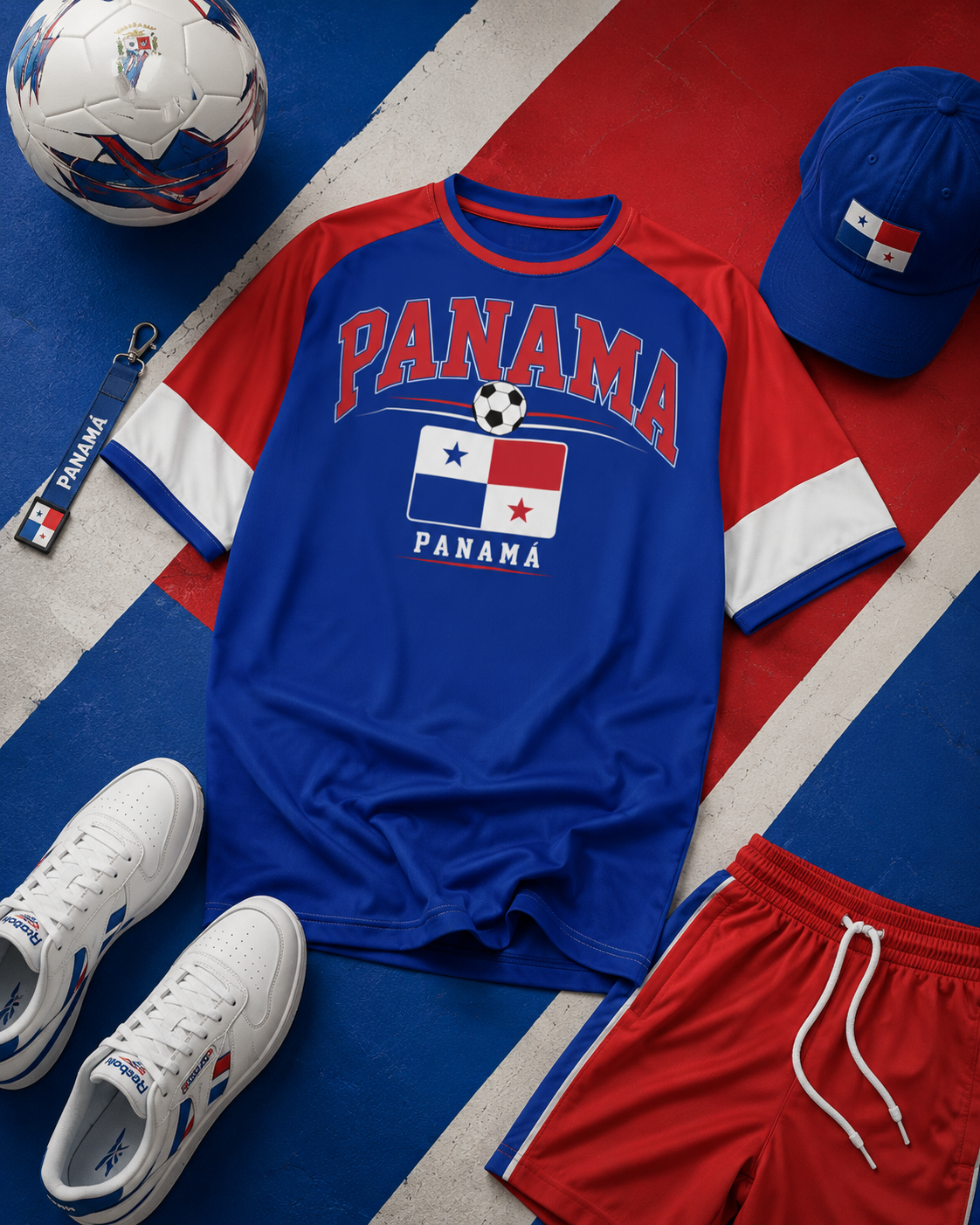Panama-themed sports outfit with t-shirt, shorts, cap, and soccer ball on a red, white, and blue striped background.