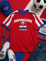 Red Paraguay-themed t-shirt with sports gear on a red and blue background