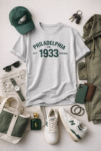 Gray t-shirt with 'Philadelphia PA 1933 Football' text, green cap, white sneakers, and other accessories on a light background.