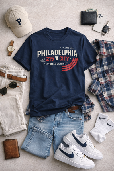 Navy blue t-shirt with 'Philadelphia City' design on a gray surface with casual clothing items.