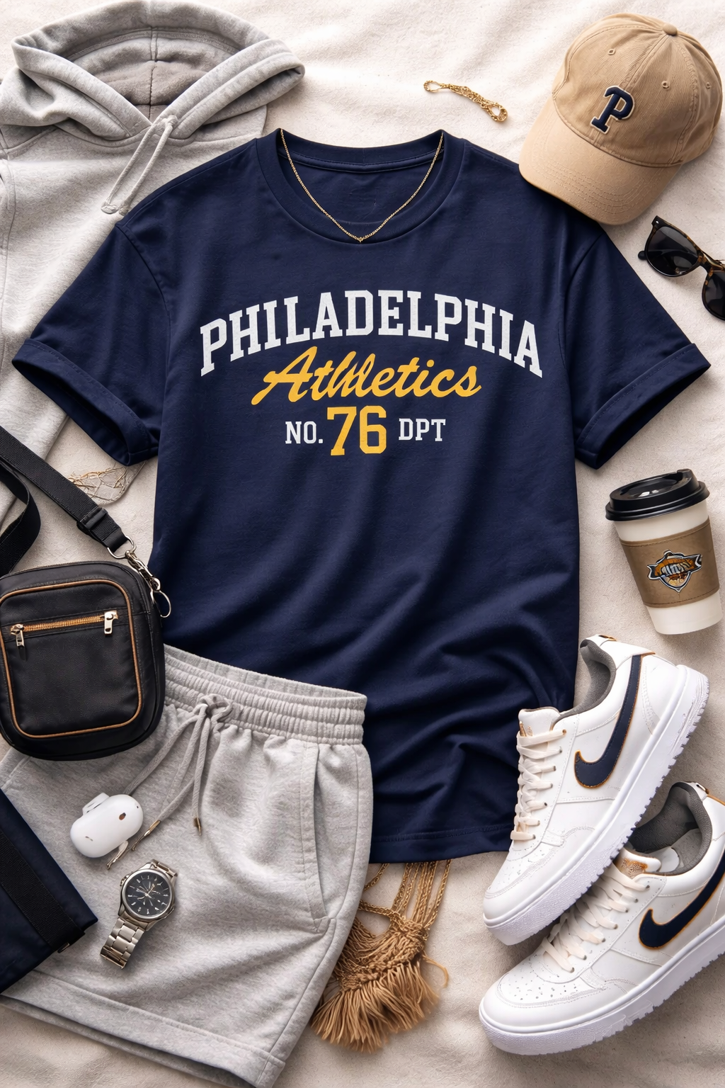 Navy blue t-shirt with 'Philadelphia Athletics' text, white sneakers, gray shorts, and a cap on a light background.