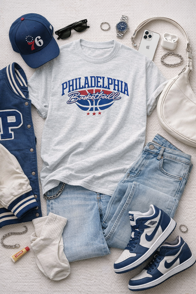 Collection of Philadelphia Basketball t-shirt, jeans, sneakers, and accessories on a light surface.