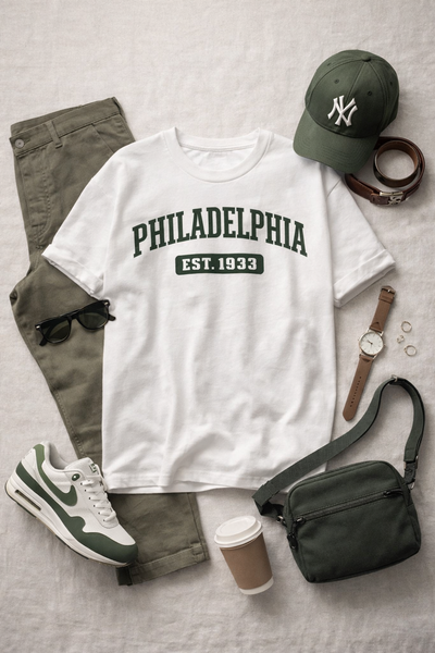 White t-shirt with 'Philadelphia' text, green pants, cap, bag, and sneakers on a light gray background
