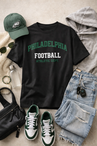 Black t-shirt with 'Philadelphia Football Athletic Dept.' text, green cap, jeans, sneakers, and accessories on a neutral surface.