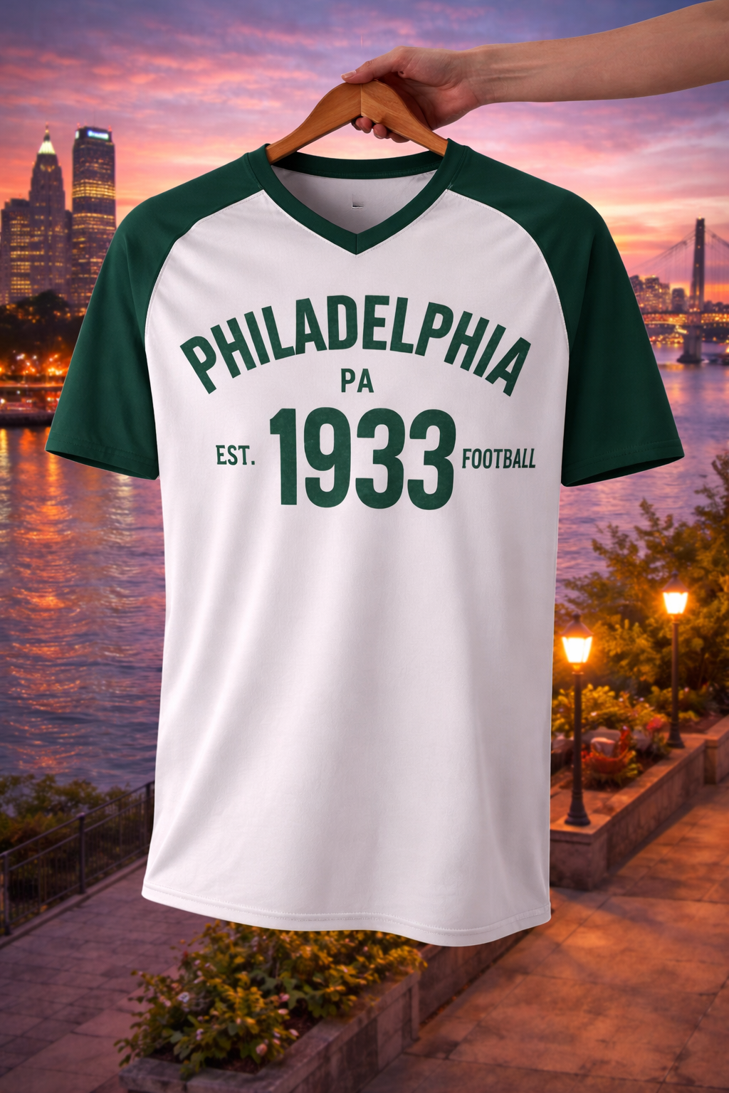 White and green baseball jersey with 'Philadelphia PA EST. 1933 Football' text on a hanger against a cityscape background.