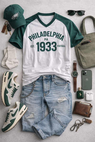 White and Green Philadelphia Football T-Shirt – Varsity Sports Graphic Tee Streetwear n