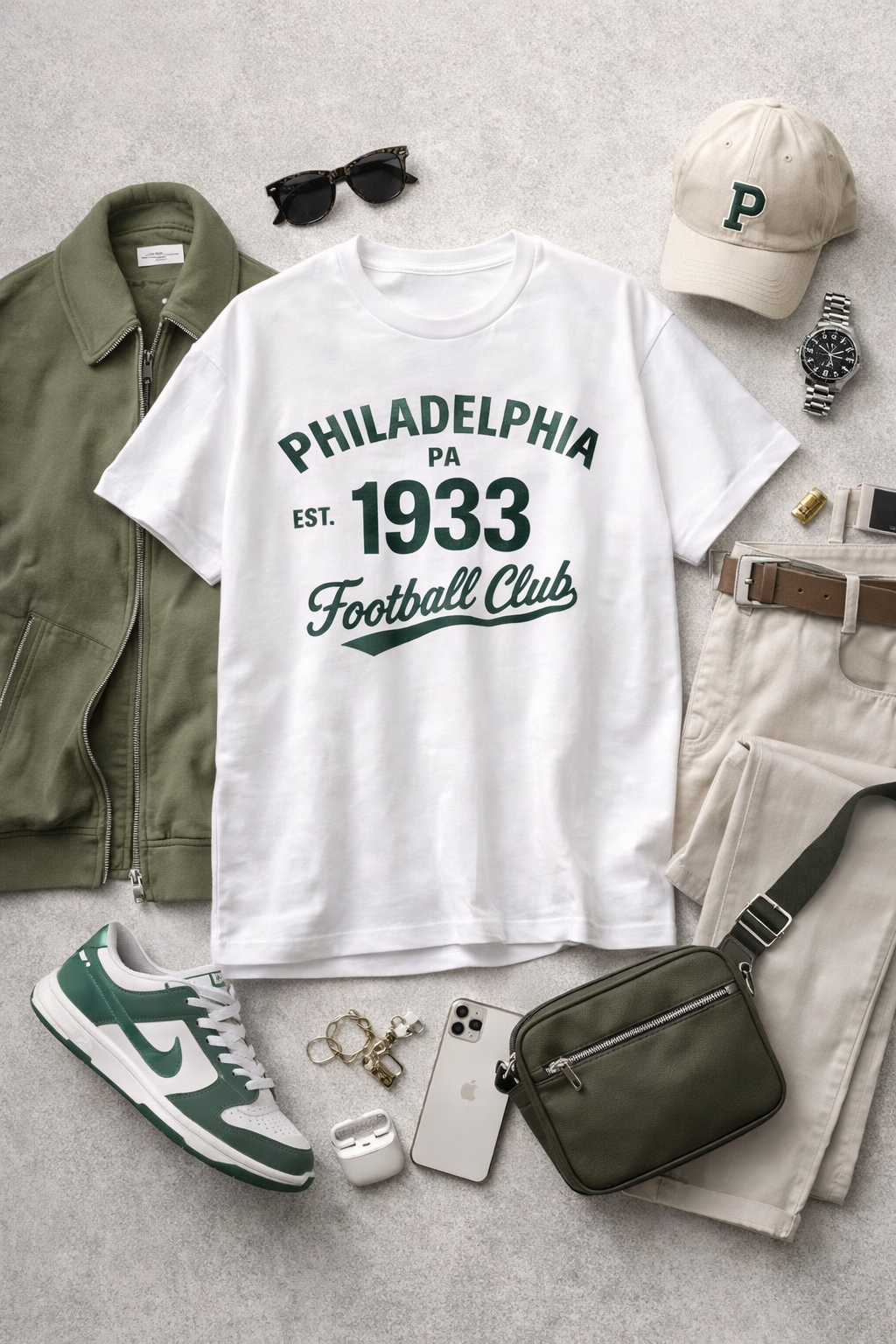White t-shirt with 'Philadelphia PA 1933 Football Club' text, green jacket, beige pants, and accessories on a gray surface.