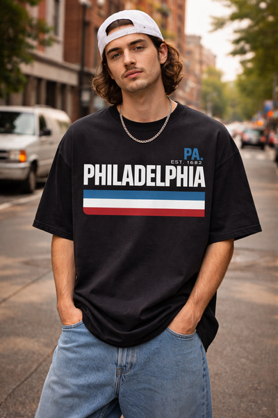 Person wearing a black 'Philadelphia' t-shirt on a city street.