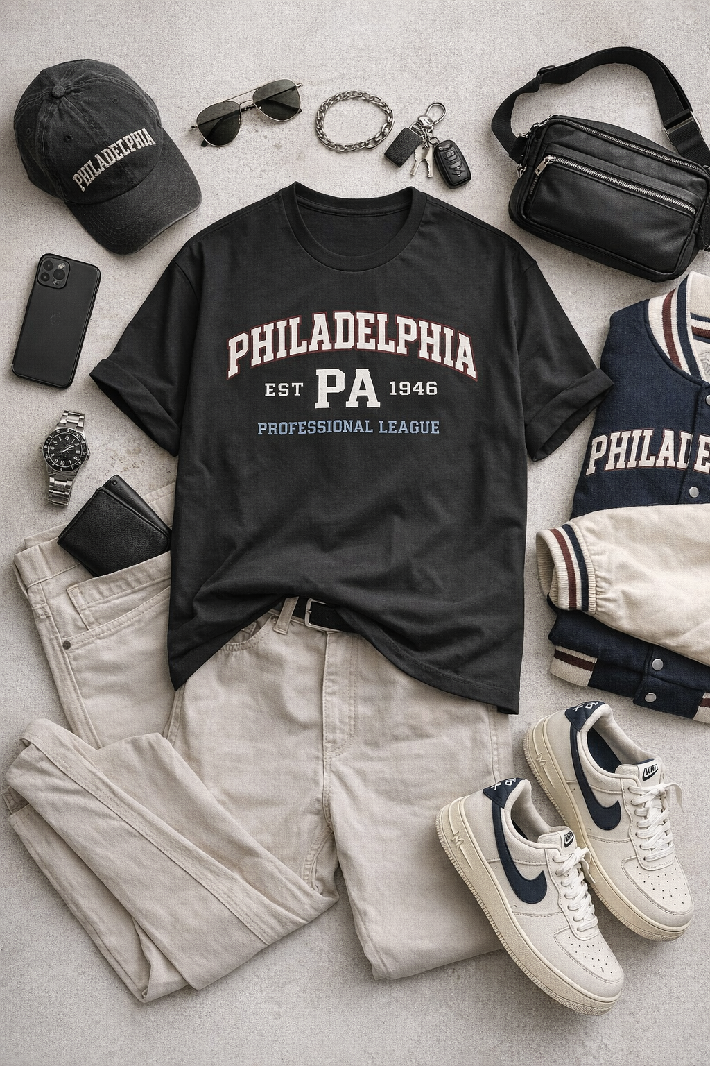 Black t-shirt with 'Philadelphia' text, paired with jeans, sneakers, and accessories on a light surface.