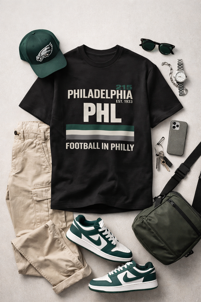 Black t-shirt with 'Philadelphia Football in Philly' text, green cap, Nike shoes, and accessories on a light background