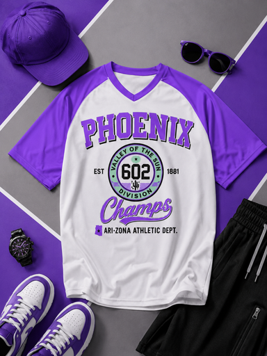 White and purple sports jersey with 'Phoenix' and 'Champs' text, surrounded by accessories on a patterned background.