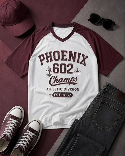 Maroon and white t-shirt with 'Phoenix 602 Champs' text, sunglasses, cap, and shoes on a patterned surface