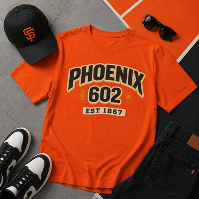 Orange t-shirt with 'Phoenix 602 EST 1867' text, black cap, sunglasses, and black shoes on a gray surface.
