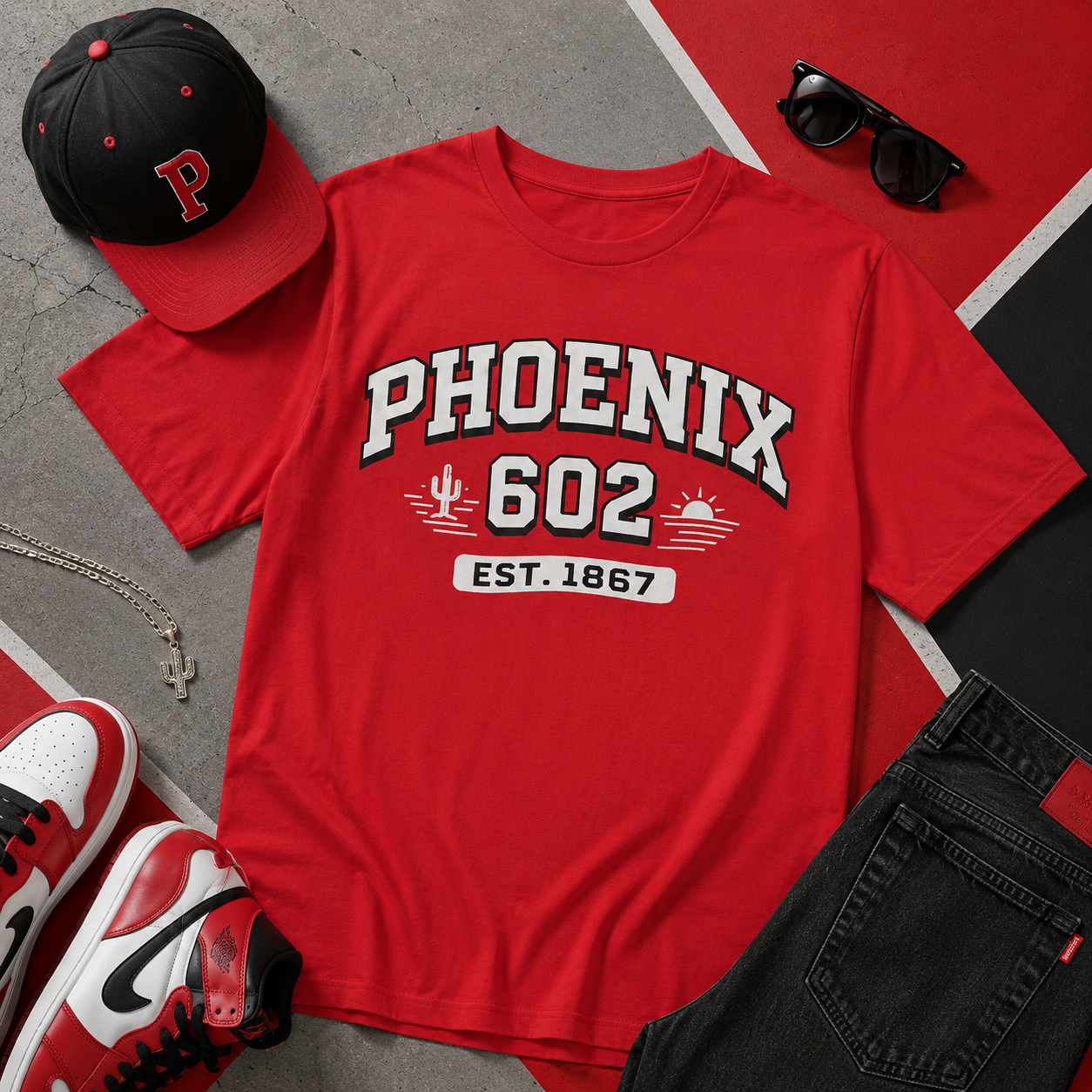 Red t-shirt with 'Phoenix 602' design, black cap, sunglasses, and sneakers on a gray surface.