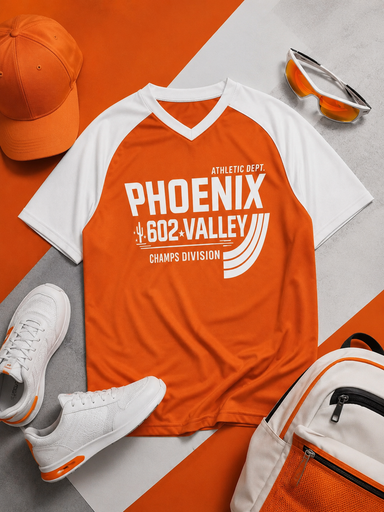 Orange and white t-shirt with 'Phoenix 602 Valley' text, surrounded by orange cap, white sneakers, and backpack on a gray and orange background.