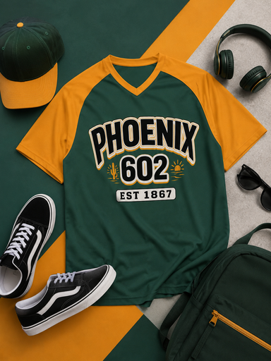Green and yellow t-shirt with 'Phoenix 602' design, surrounded by casual items on a colorful background.
