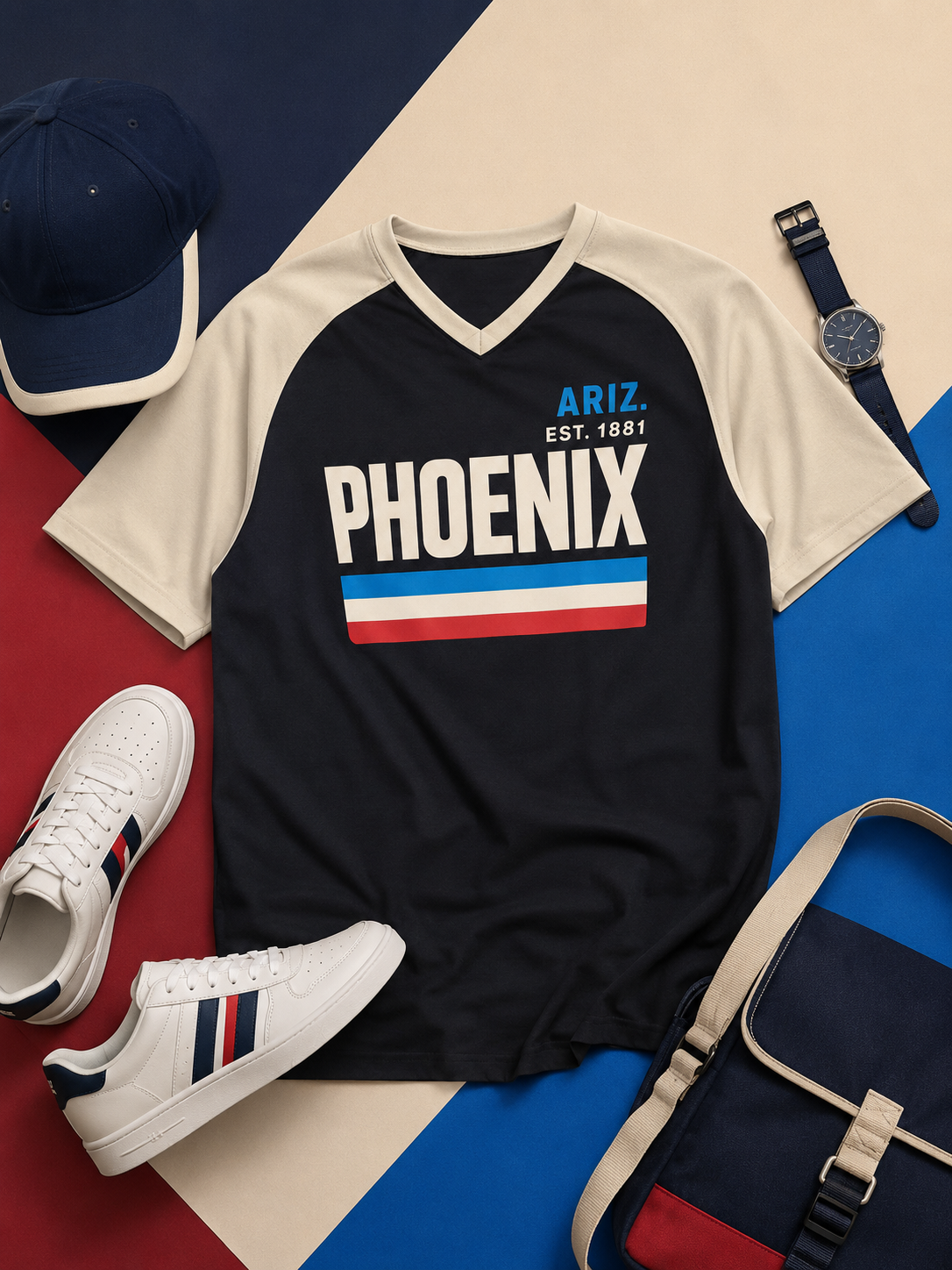 Black and white t-shirt with 'Phoenix' text, white sneakers, blue cap, and red bag on a multicolored background