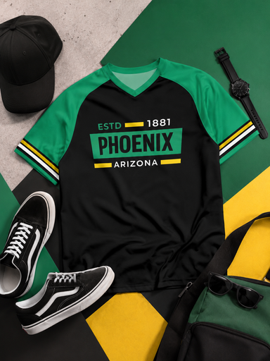 Green and black sports jersey with 'Phoenix Arizona' text, surrounded by shoes, a cap, and a bag on a green and yellow checkered background.