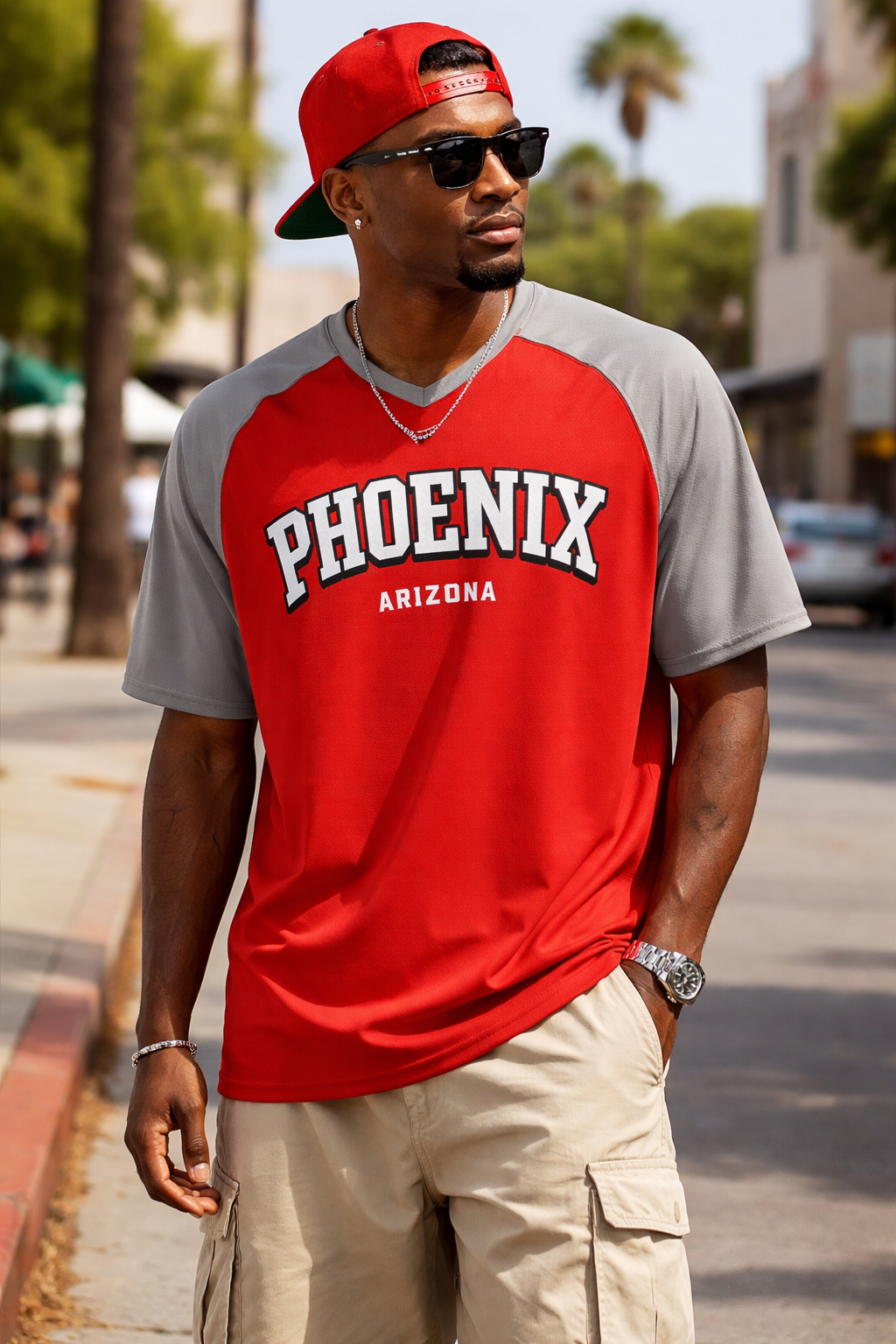 Man wearing a red and gray 'Phoenix Arizona' shirt on a city street.